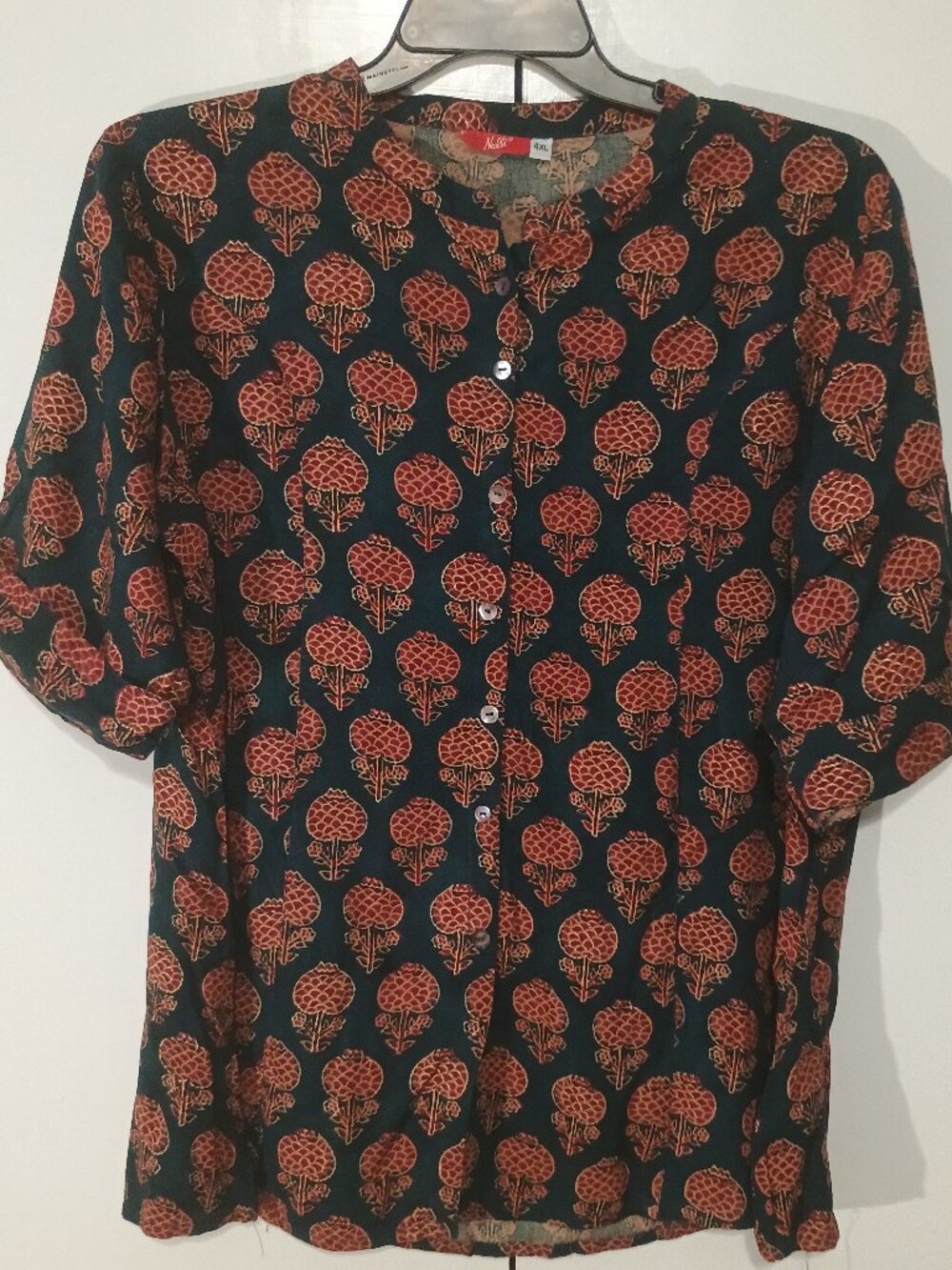 Nalli 4XL Green Rust Floral Block Print Button Front Boho Tunic Blouse - Picture 2 of 7